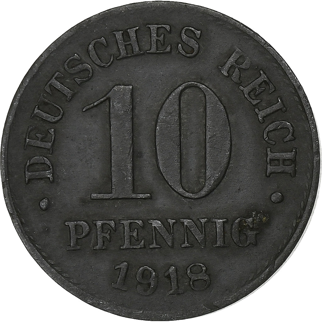 GERMANY - EMPIRE, 10 Pfennig, 1918, Zinc, VF(30-35), KM:26