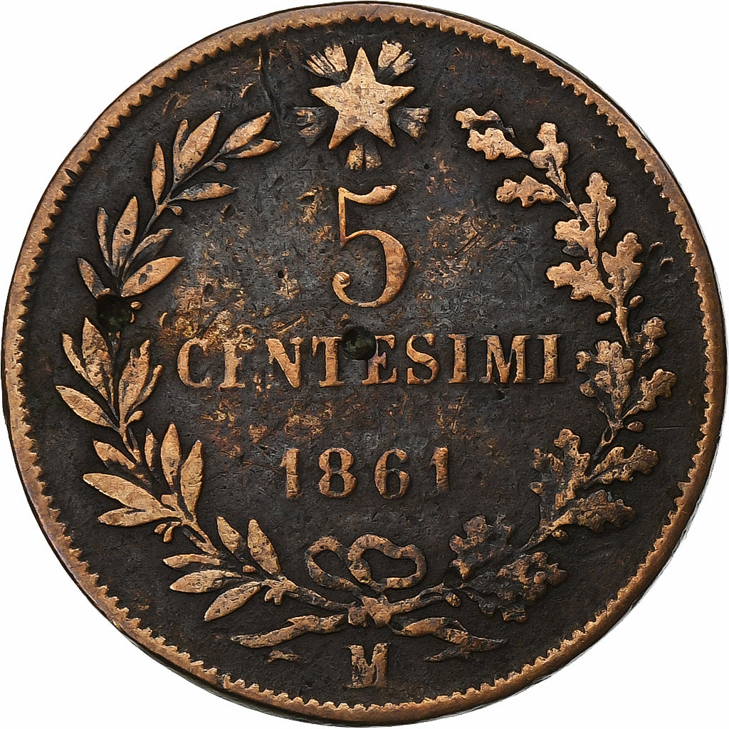 Italy, Vittorio Emanuele II, 5 Centesimi, 1861, Milan, Copper, EF(40-45), KM:3.2
