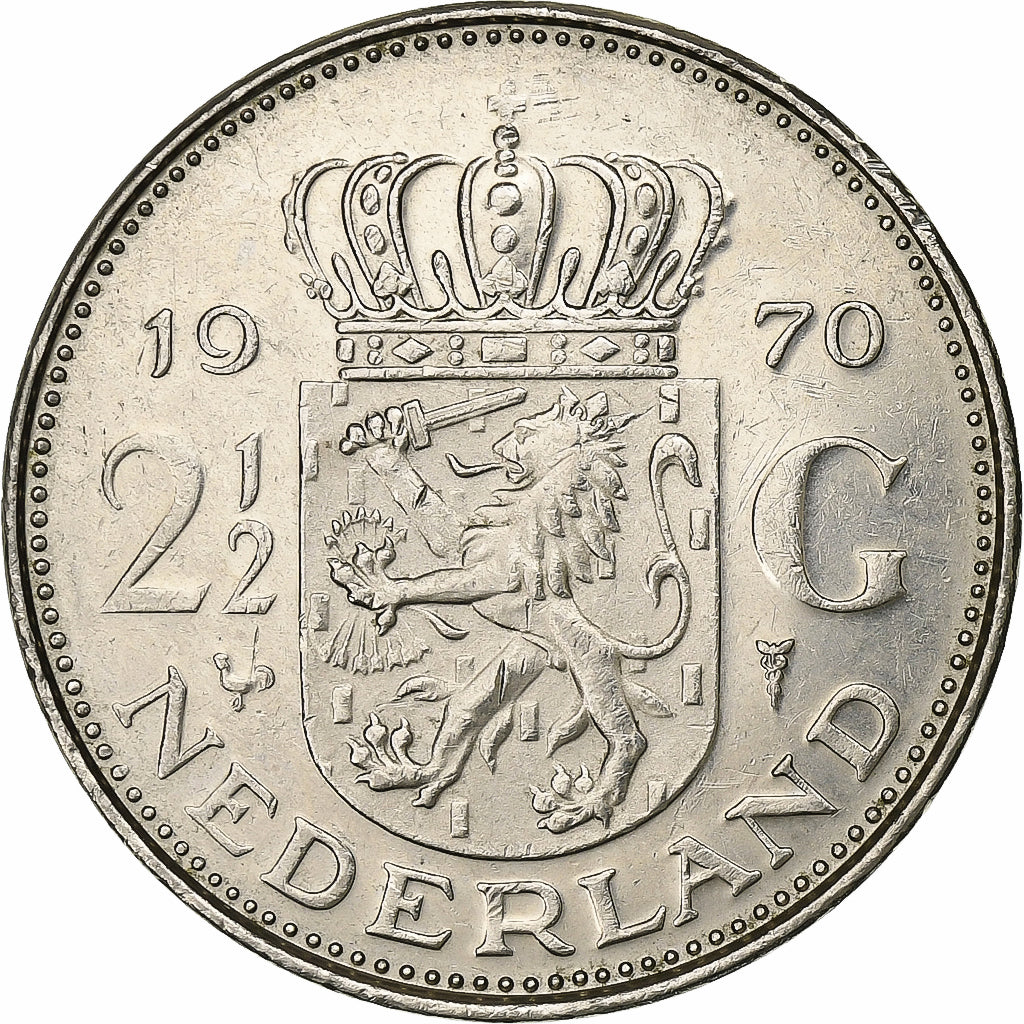 Netherlands, Juliana, 2-1/2 Gulden, 1970, Nickel, MS(60-62), KM:191