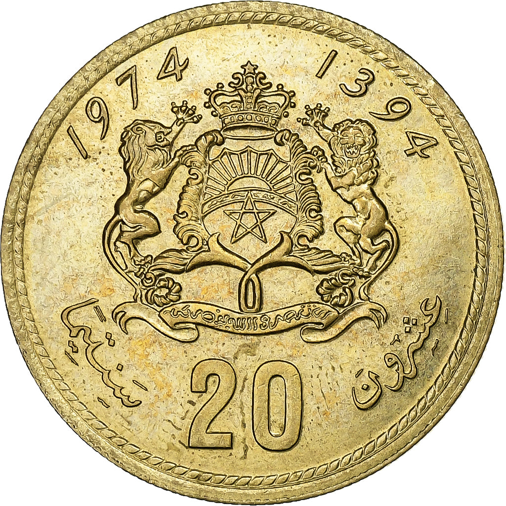 Morocco, al-Hassan II, 20 Santimat, 1974, Aluminum-Bronze, MS(60-62), KM:61