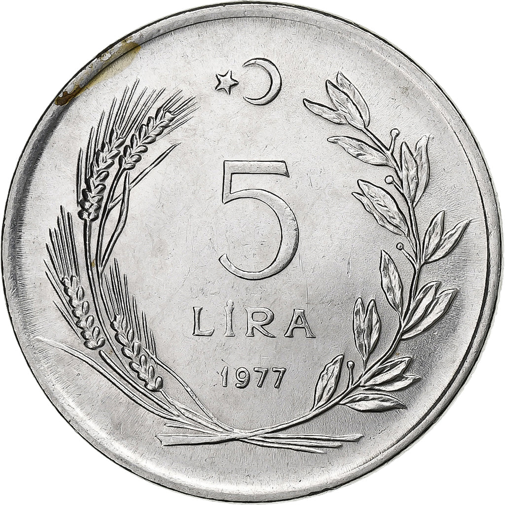 Turkije, 5 Lira, 1977, Stainless Steel, PR+, KM:905