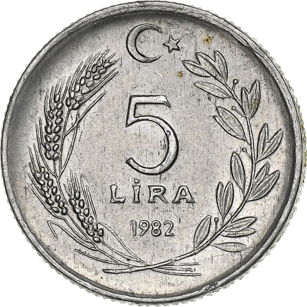 Moneda, Turquía, 5 Lira, 1982, MBC, Aluminio, KM:949.1