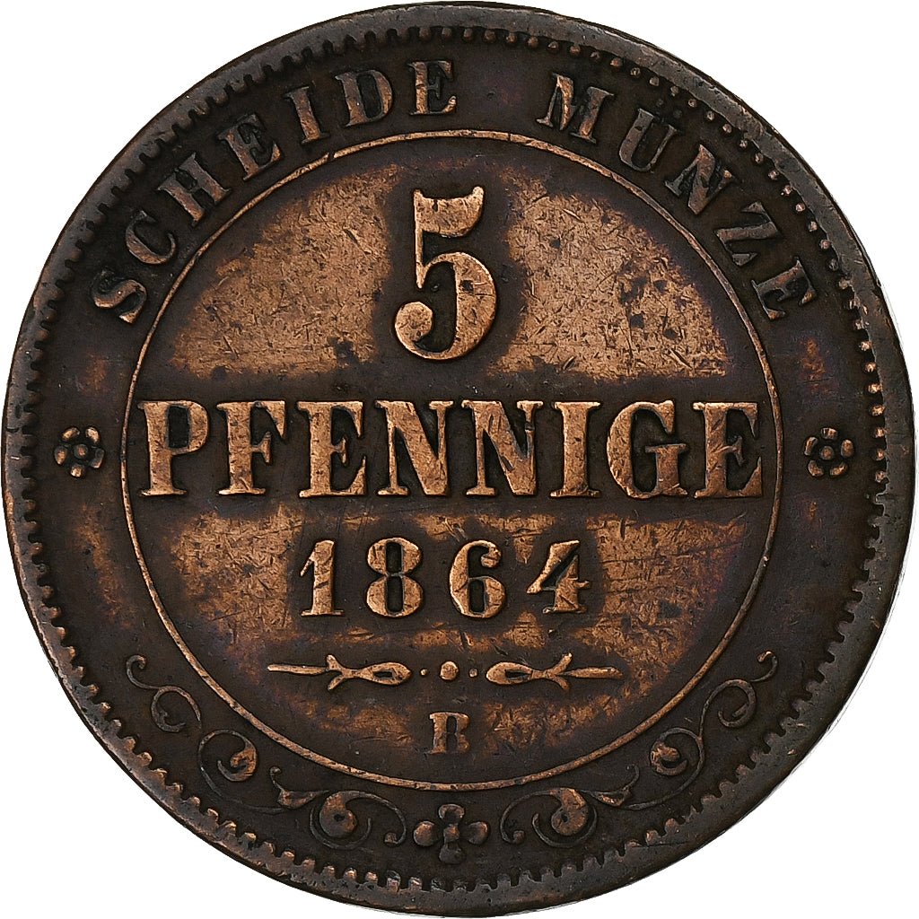 Stati tedeschi, SAXONY-ALBERTINE, Johann, 5 Pfennig, 1864, Dresde, Rame, BB