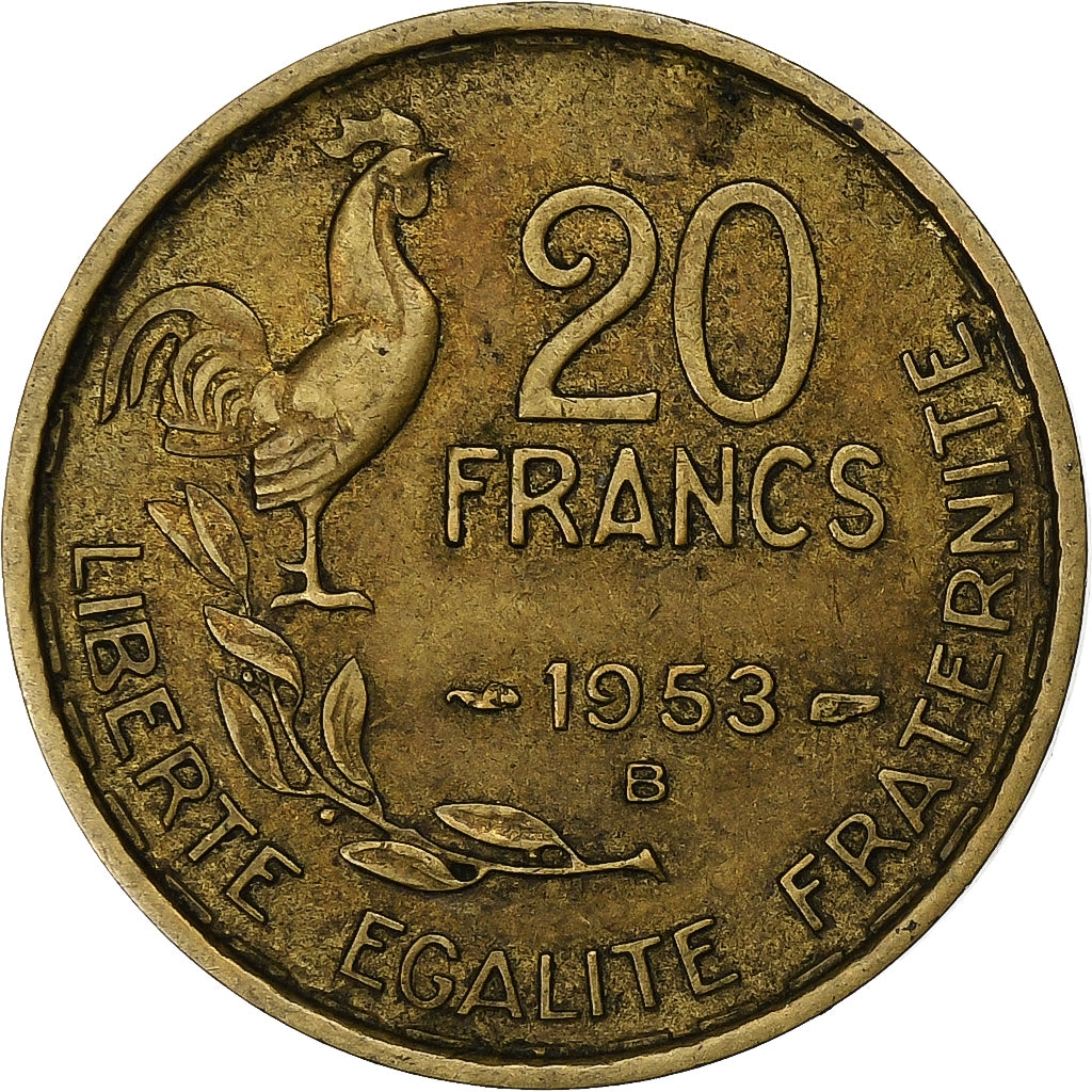 Francia, 20 Francs, Guiraud, 1953, Beaumont - Le Roger, Alluminio-bronzo, BB