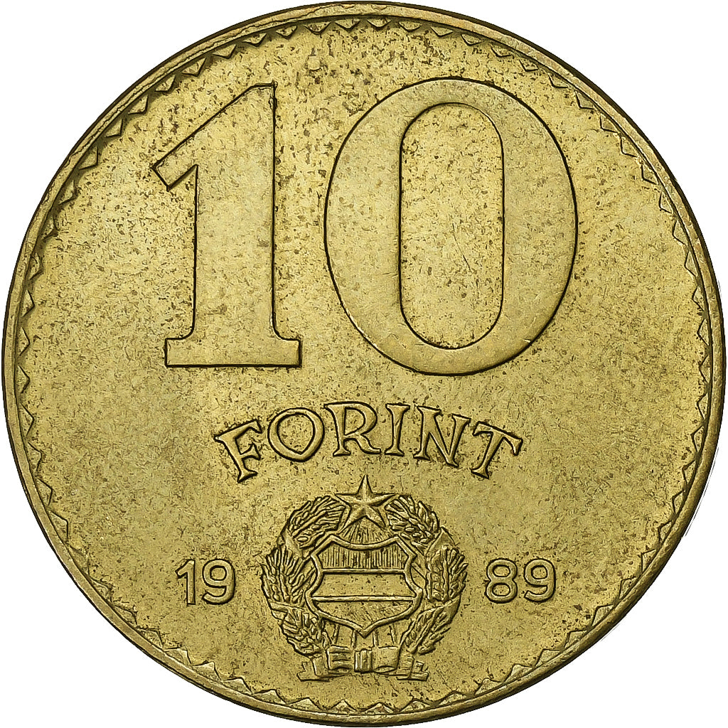 Ungheria, 10 Forint, 1989, Alluminio-bronzo, BB+, KM:636