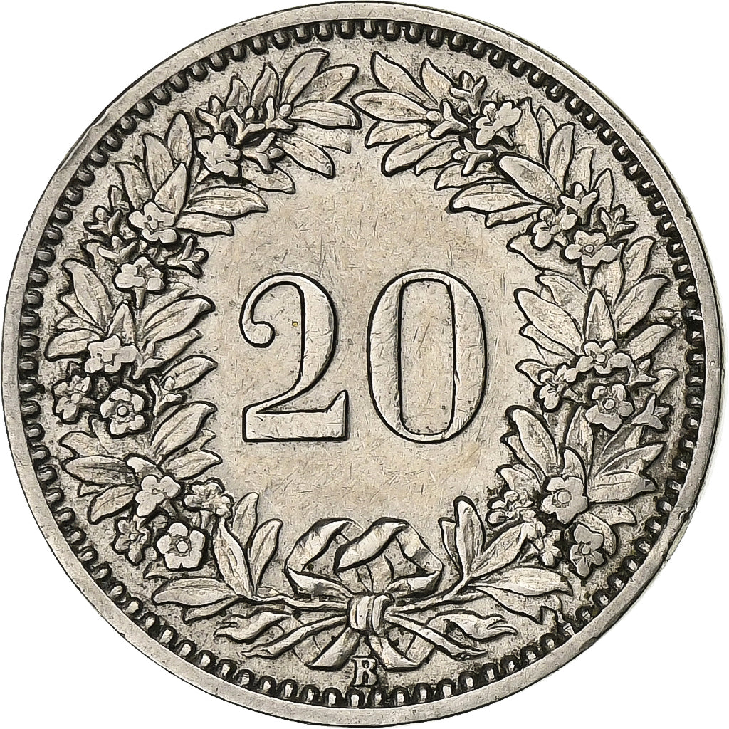 Switzerland, 20 Rappen, 1908, Bern, Nickel, AU(50-53), KM:29