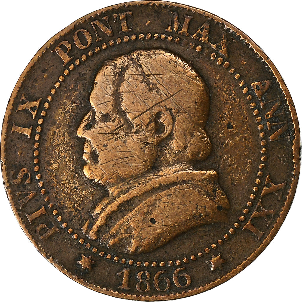 ESTADOS ITALIANOS, PAPAL STATES, Pius IX, Soldo, 5 Centesimi, 1866, Rome, Cobre