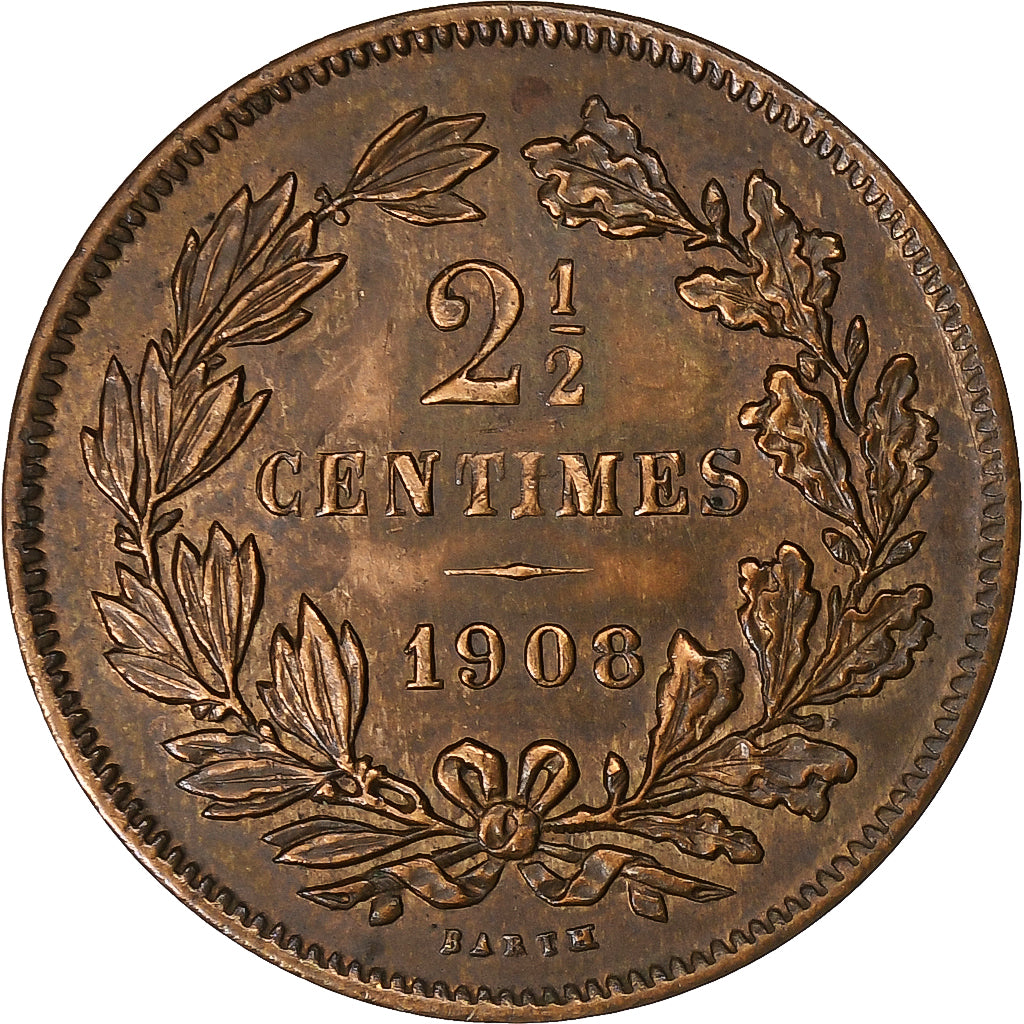 Luxembourg, William III, 2-1/2 Centimes, 1908, Utrecht, Bronze, TTB+, KM:21