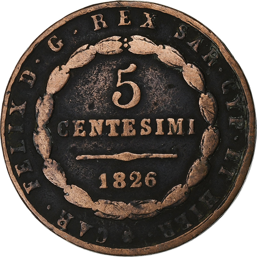 États italiens, SARDINIA, Carlo Felice, 5 Centesimi, 1826, Cuivre, TB, KM:127.2