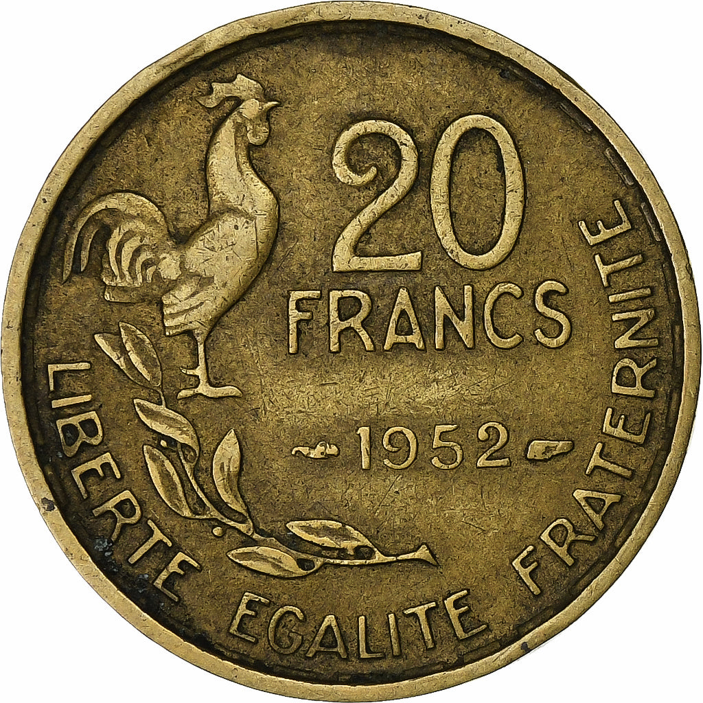 Francia, 20 Francs, Guiraud, 1952, Alluminio-bronzo, BB, Gadoury:880, KM:917.1
