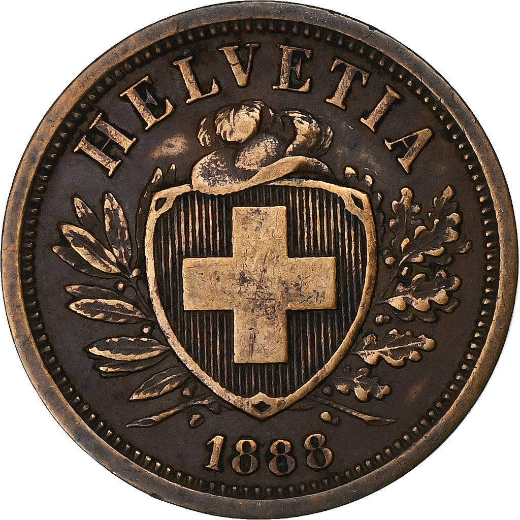 Switzerland, 2 Rappen, 1888, Bronze, AU(50-53), KM:4.1