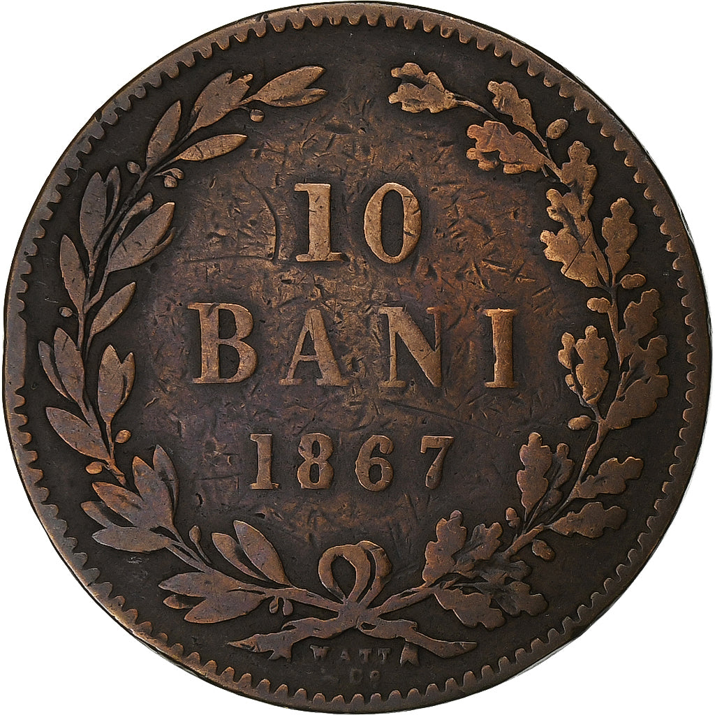 Romania, Carol I, 10 Bani, 1867, Copper, EF(40-45)