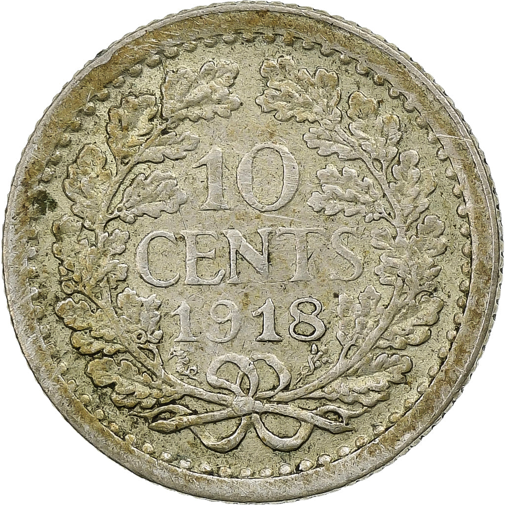 Países Baixos, Wilhelmina I, 10 Cents, 1918, Prata, VF(30-35), KM:145