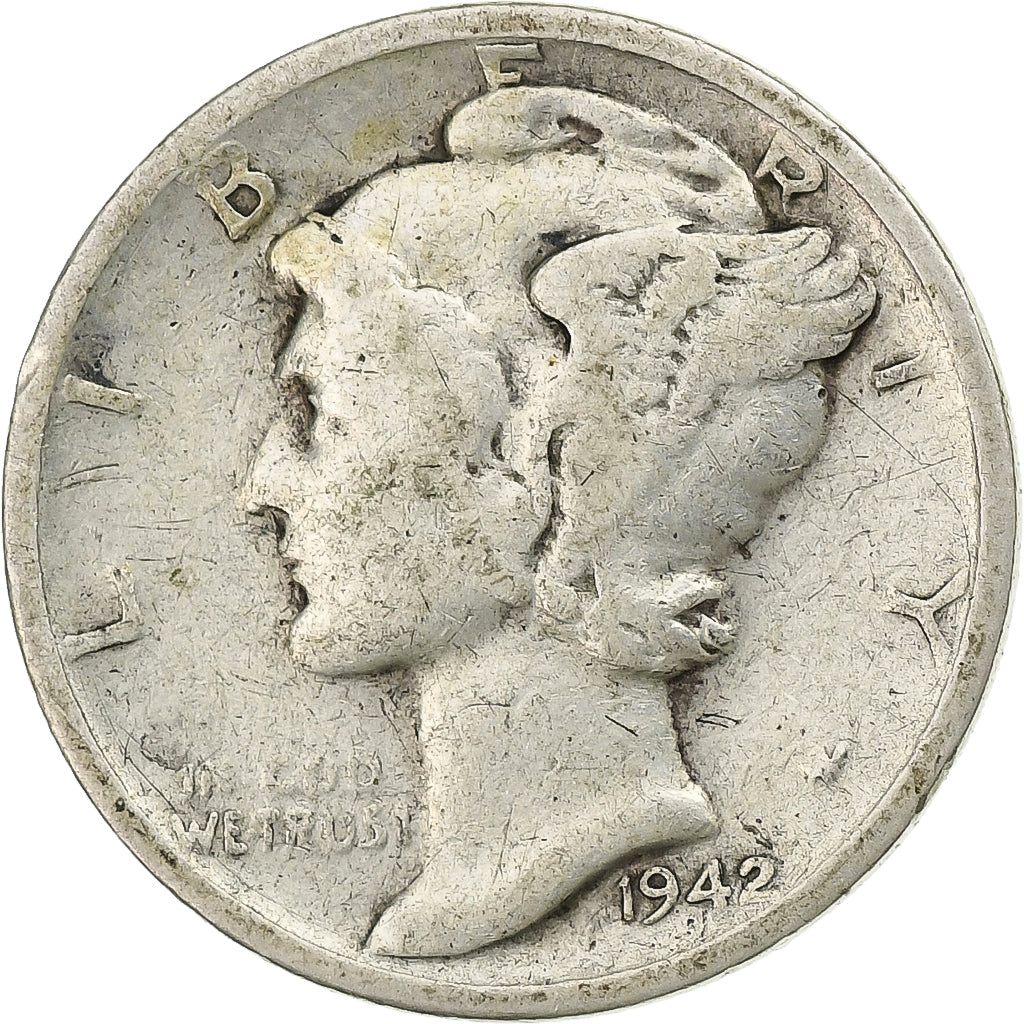 États-Unis, Dime, Mercury Dime, 1942, San Francisco, Argent, TB, KM:140