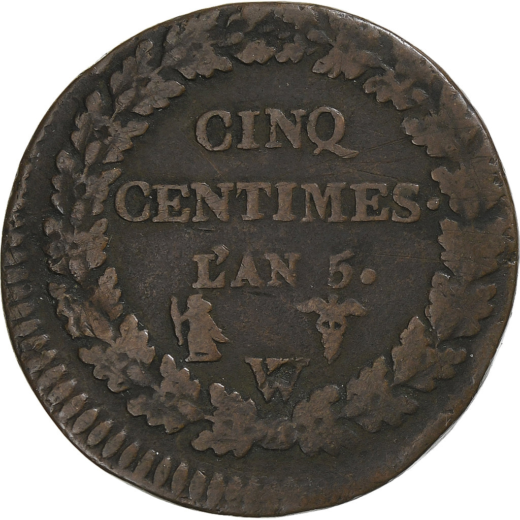 França, 5 Centimes, Dupré, AN 5, Lille, Bronze, VF(20-25), KM:640.11
