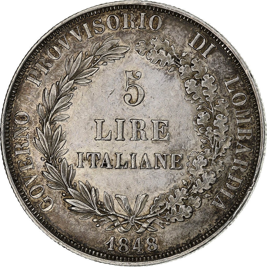États italiens, LOMBARDY-VENETIA, 5 Lire, 1848, Milan, Argent, TTB, KM:22.1