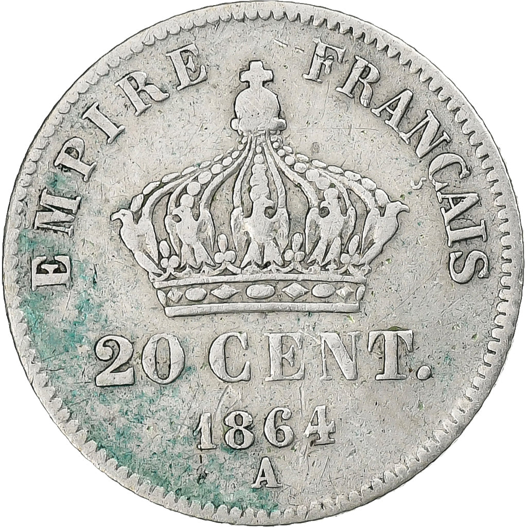 France, Napoléon III, 20 Centimes, Napoléon III, 1864, Paris, Argent, TB+, Le