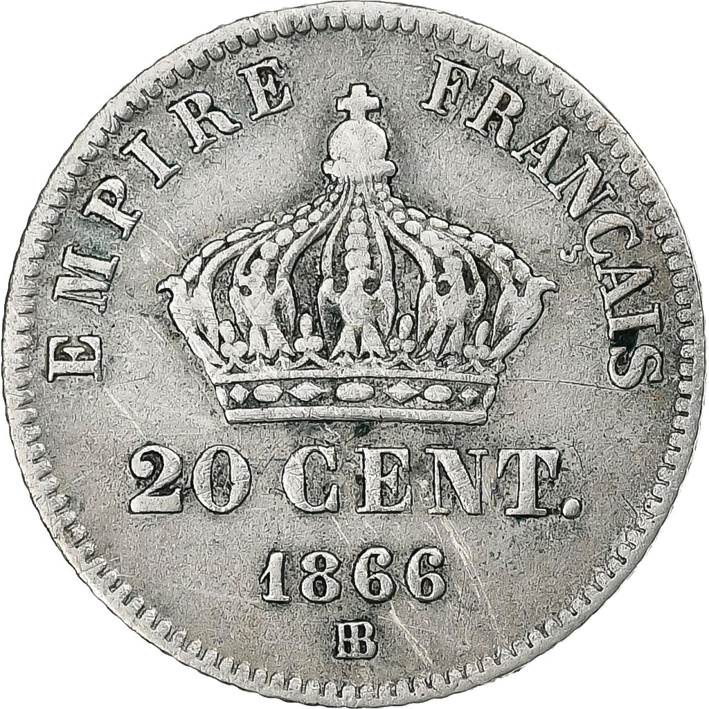 France, Napoleon III, 20 Centimes, Napoléon III, 1866, Strasbourg, Silver