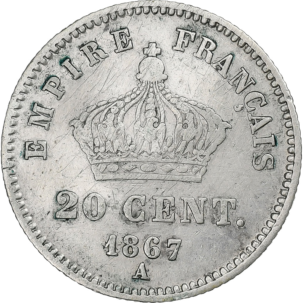 France, Napoleon III, 20 Centimes, Napoléon III, 1867, Paris, Silver
