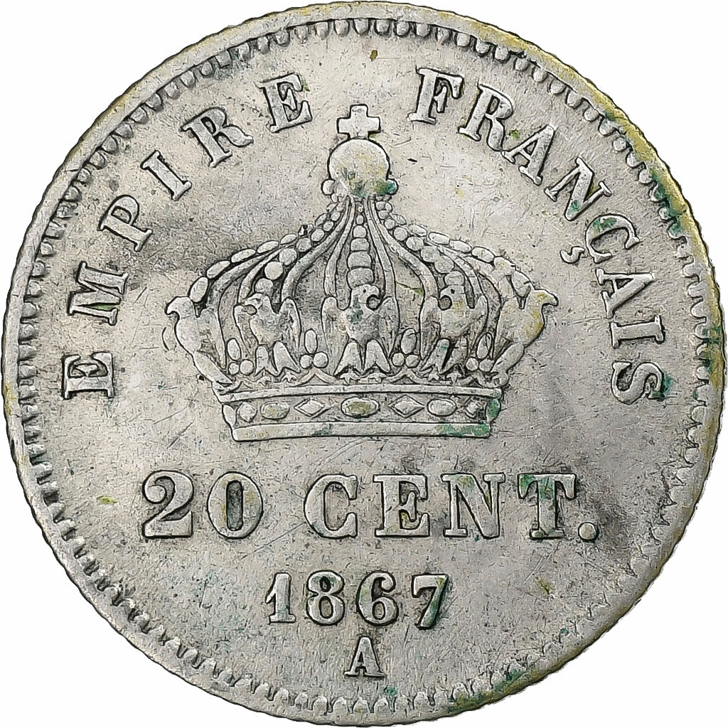 France, Napoléon III, 20 Centimes, Napoléon III, 1867, Paris, Argent, TB+, Le