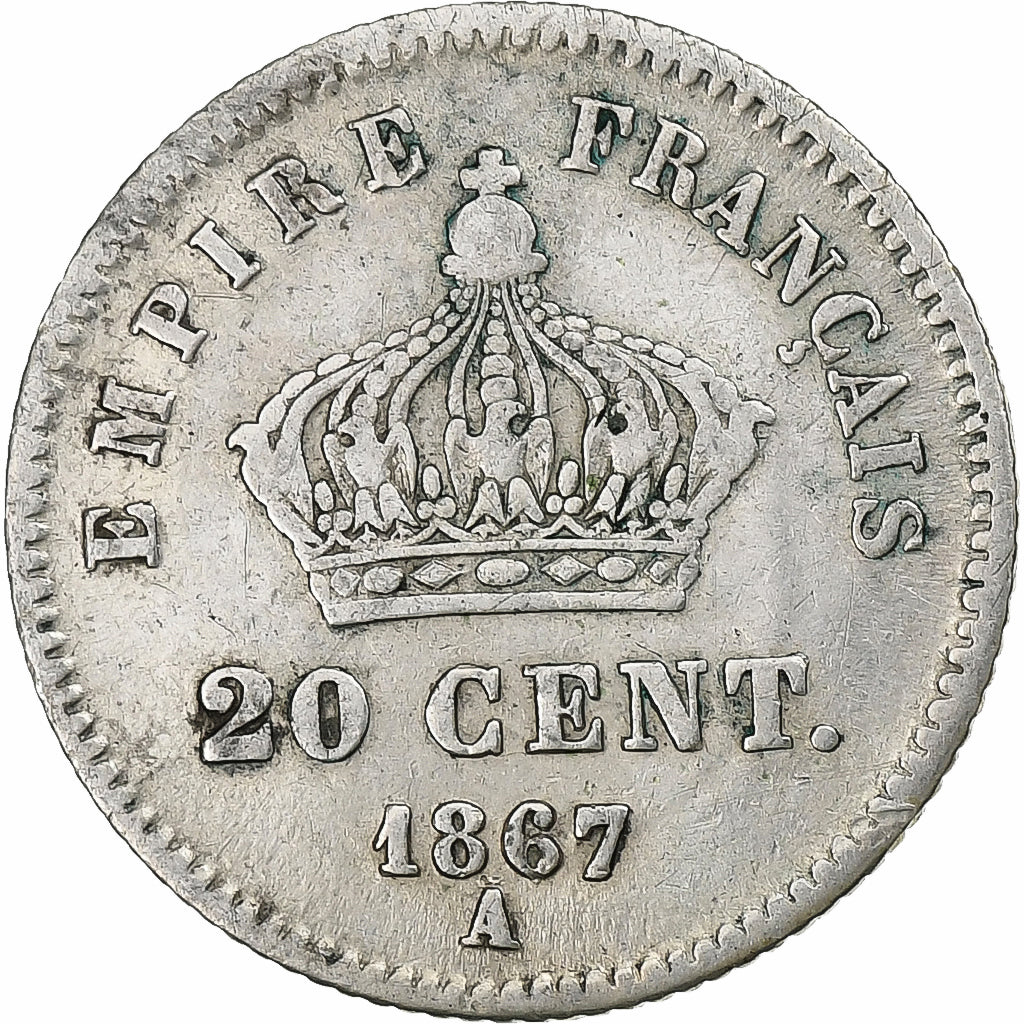 France, Napoléon III, 20 Centimes, Napoléon III, 1867, Paris, Argent, TB+, Le