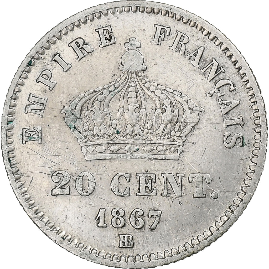Francia, Napoleon III, 20 Centimes, Napoléon III, 1867, Strasbourg, Plata, BC+