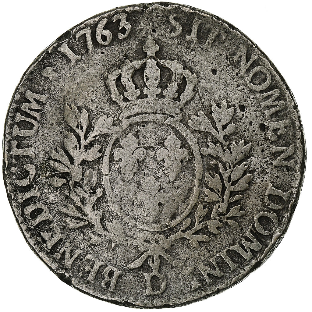 Francia, Louis XV, Ecu, Écu au bandeau, 1763, Lyon, Plata, BC+, KM:512.6