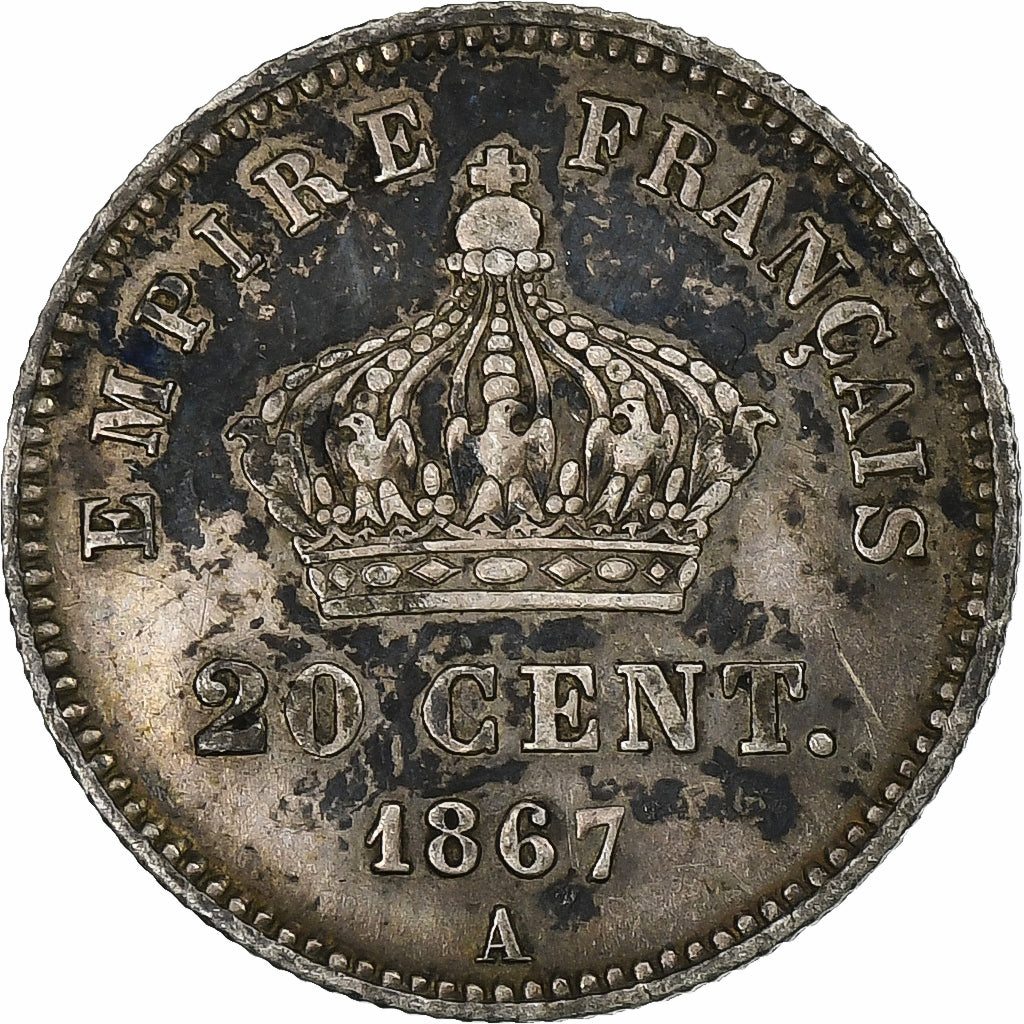 Frankrijk, Napoleon III, 20 Centimes, Napoléon III, 1867, Paris, Zilver, FR+