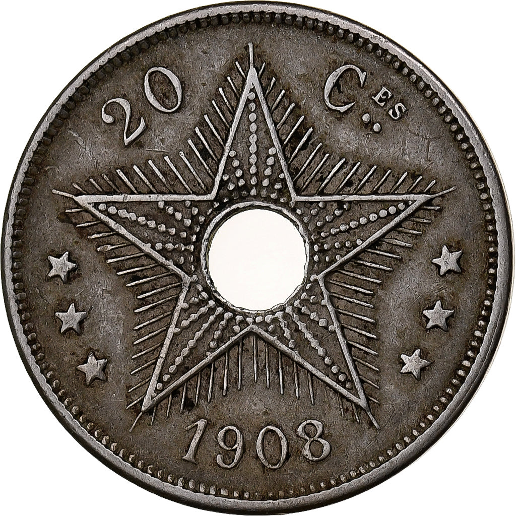 Stato Libero del Congo, Leopold II, 20 Centimes, 1908, Rame-nichel, MB+, KM:11