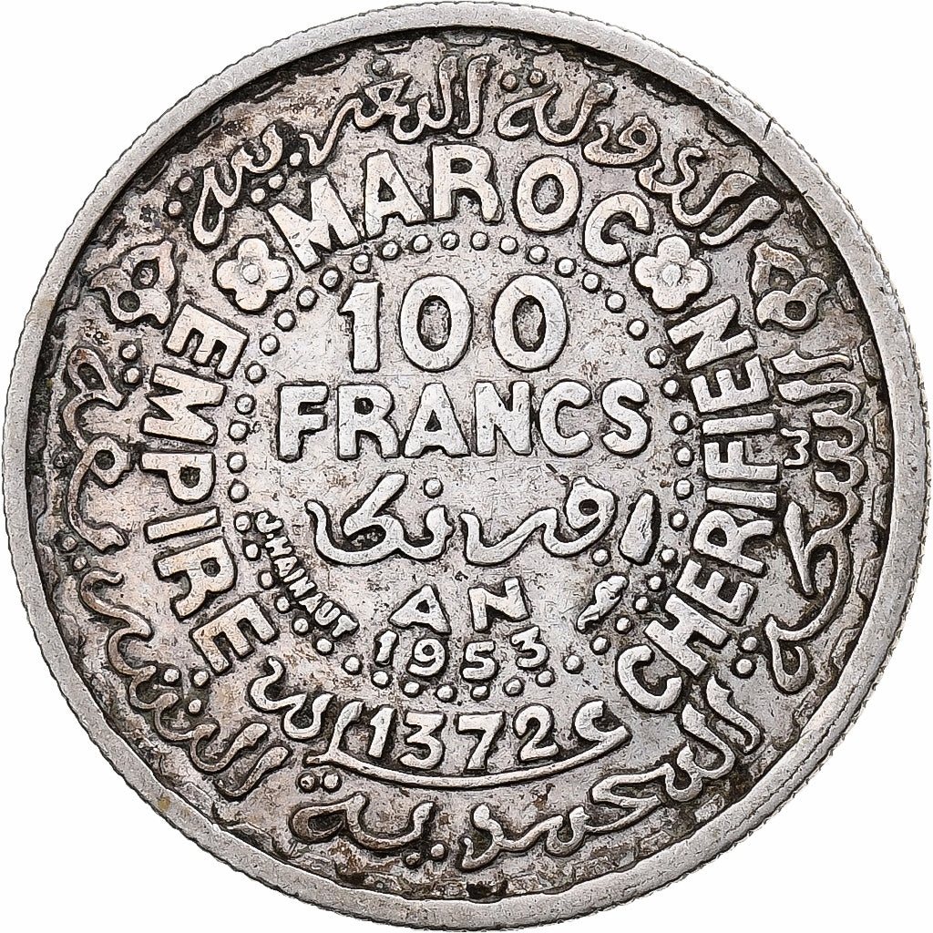 Morocco, Mohammed V, 100 Francs, AH 1372/1953, Paris, Silver, VF(30-35), KM:52