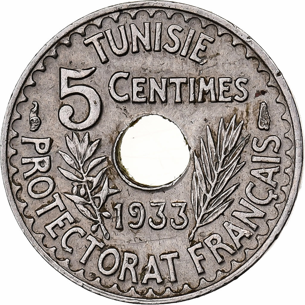 Túnez, Ahmad Pasha Bey, 5 Centimes, AH 1352/1933, Paris, Níquel - bronce, MBC