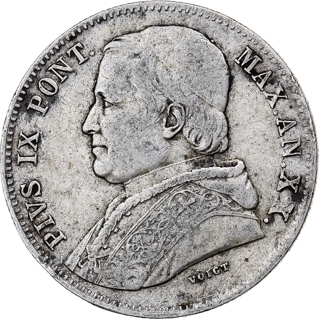 Italiaanse staten, PAPAL STATES, Pius IX, 20 Baiocchi, 1865, Rome, Zilver, FR+