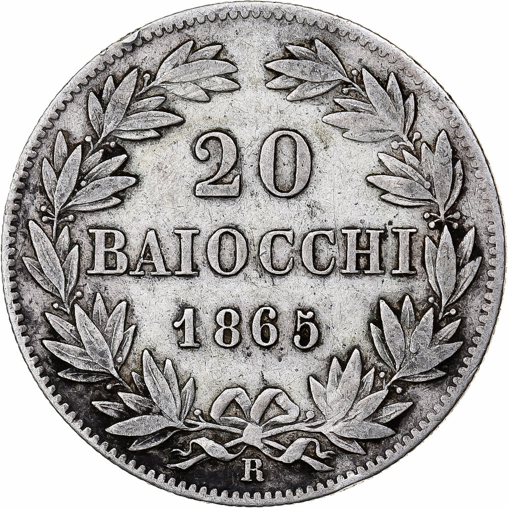 Italiaanse staten, PAPAL STATES, Pius IX, 20 Baiocchi, 1865, Rome, Zilver, FR+