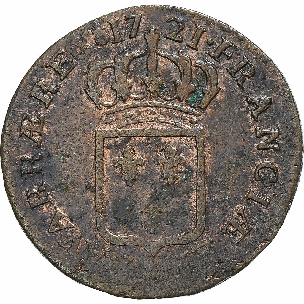 Francia, Louis XV, 1/2 Sol, Demi sol au buste enfantin, 1721, Paris, Cobre, BC