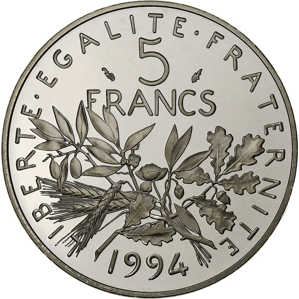 Francja, 5 Francs, Semeuse, 1994, Paris, Proof, Nikiel powlekany miedzią i