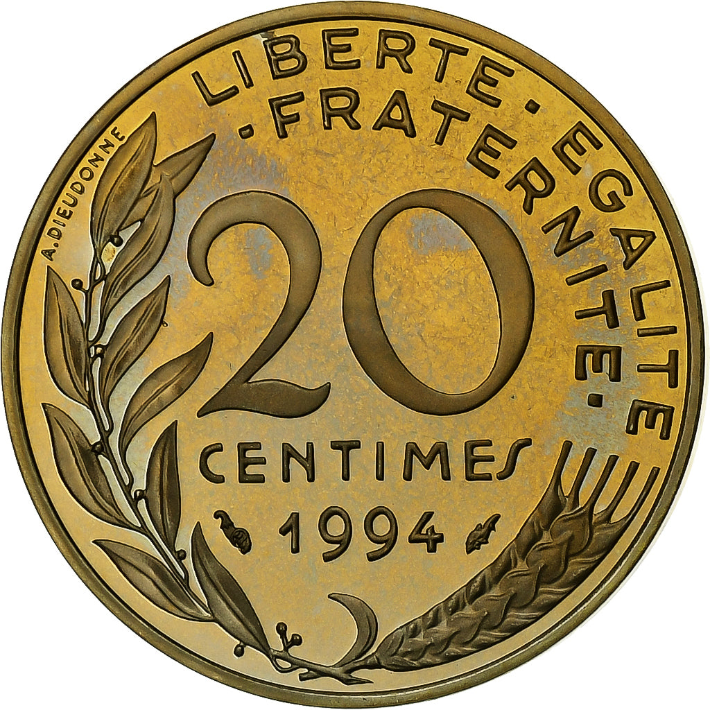 Francja, 20 Centimes, Marianne, 1994, Paris, Proof, Aluminium-Brąz, MS(65-70)