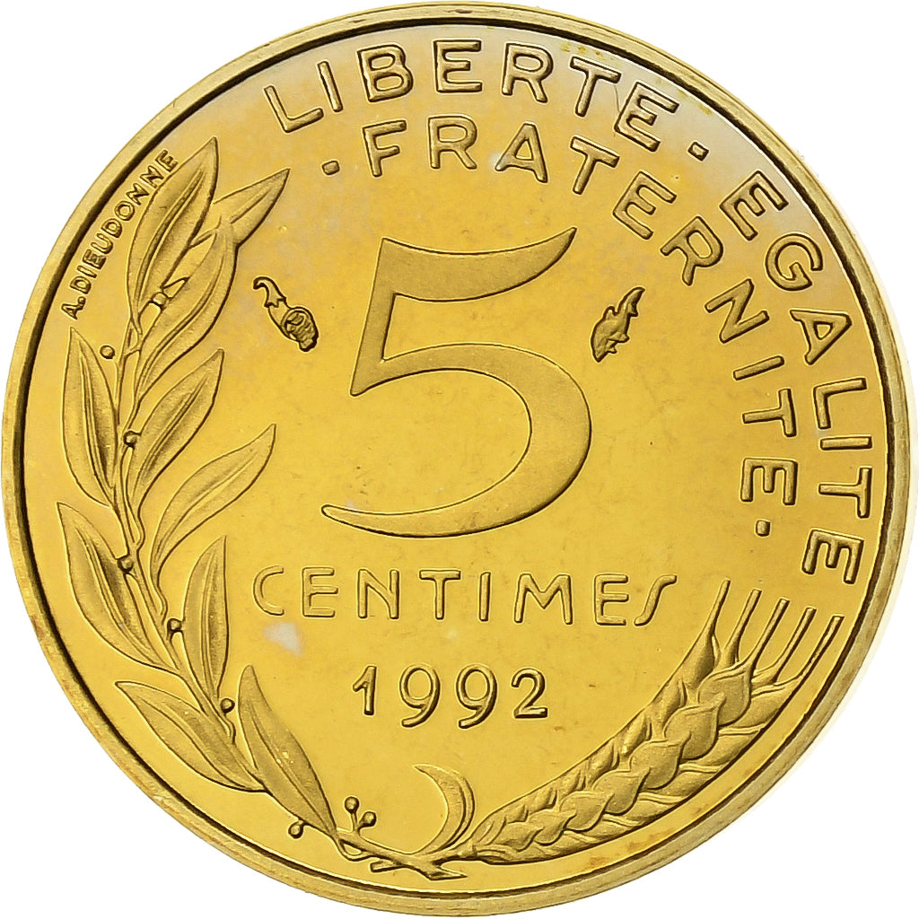 Francja, 5 Centimes, Marianne, 1992, Paris, Proof, Aluminium-Brąz, MS(65-70)