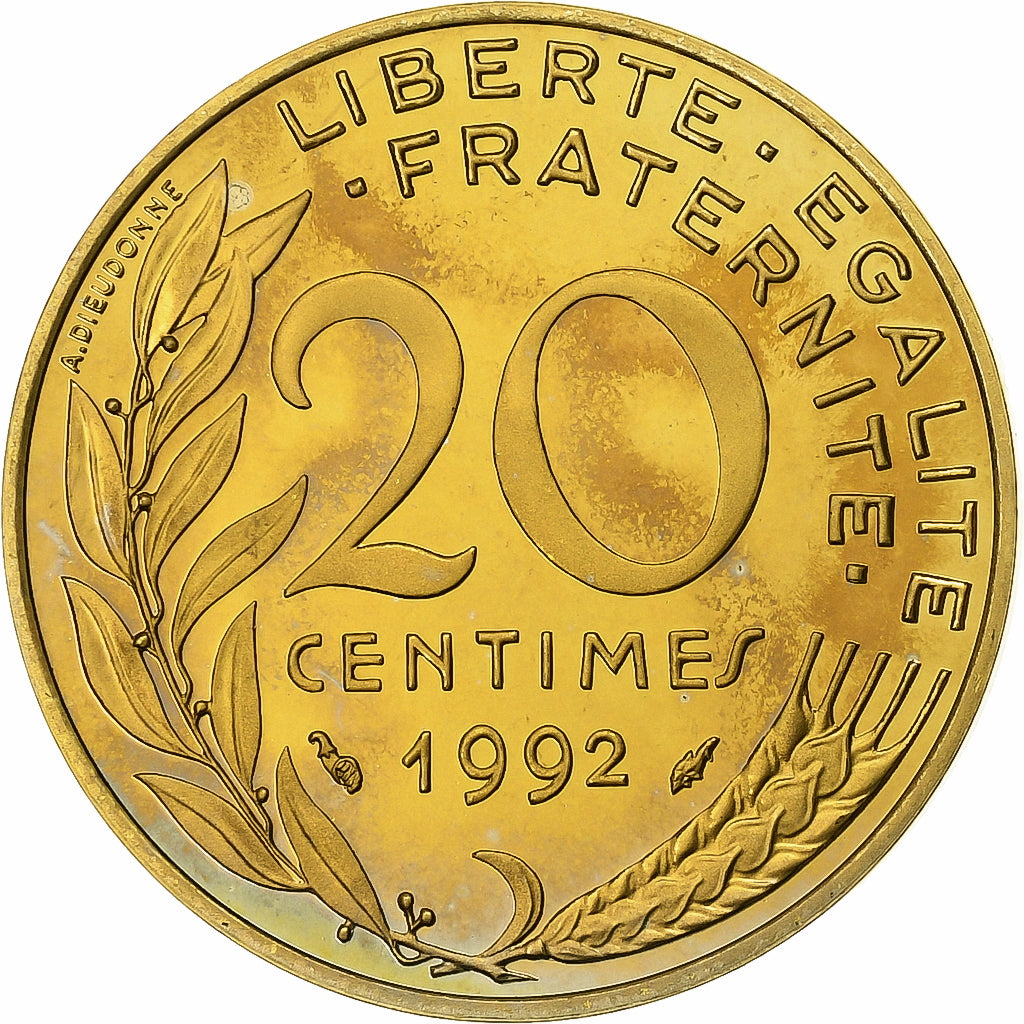 France, 20 Centimes, Marianne, 1992, Paris, BE, Aluminum-Bronze, MS(63)
