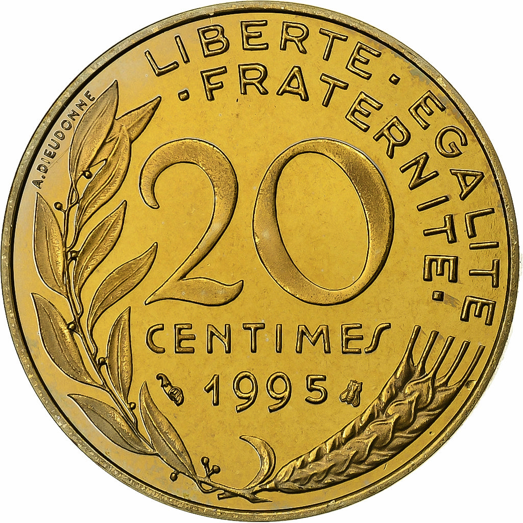 Francja, 20 Centimes, Marianne, 1995, Paris, Proof / BE, Aluminium-Brąz