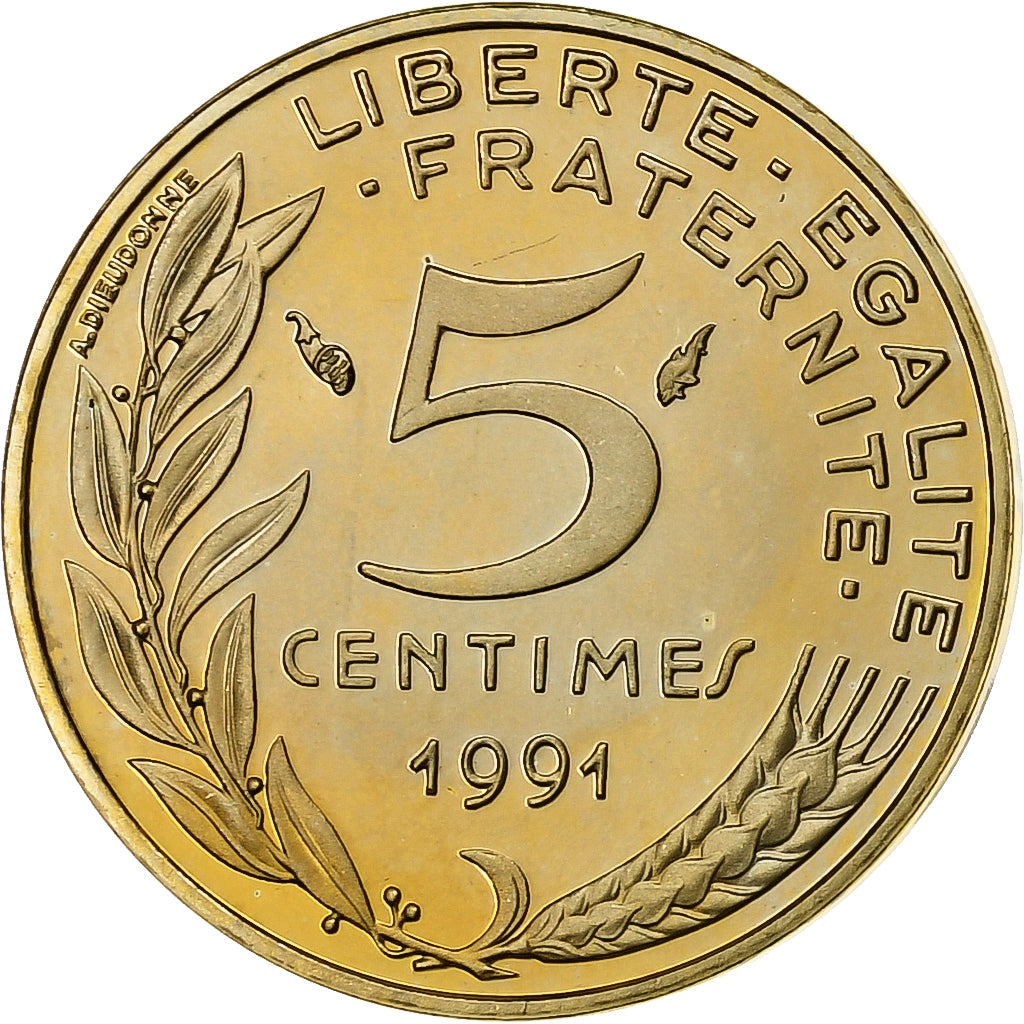 Francja, 5 Centimes, Marianne, 1991, Paris, Proof, Aluminium-Brąz, MS(65-70)