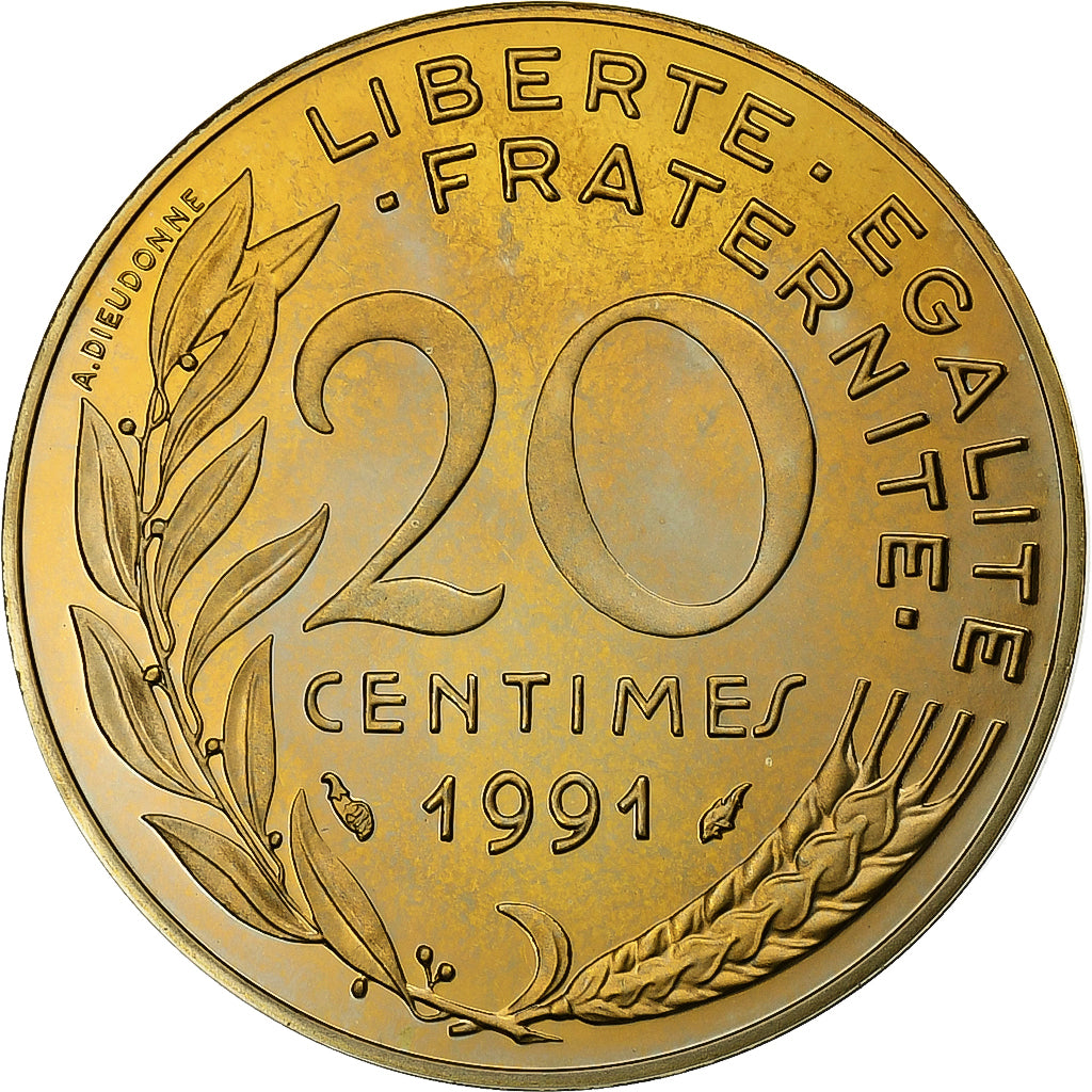 Frankrijk, 20 Centimes, Marianne, 1991, Paris, Proof, Aluminum-Bronze, FDC