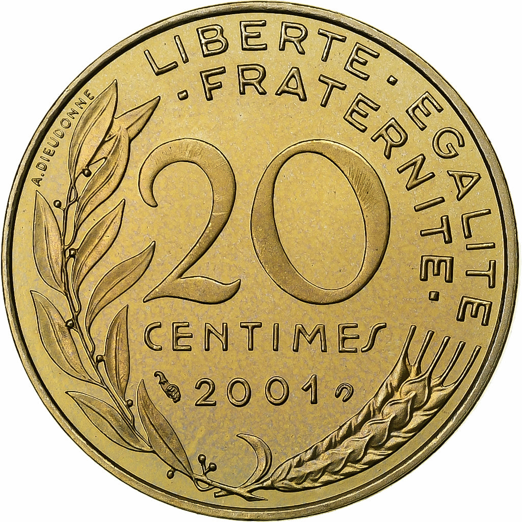 Frankrijk, 20 Centimes, Marianne, 2001, Paris, Proof, Aluminum-Bronze, FDC