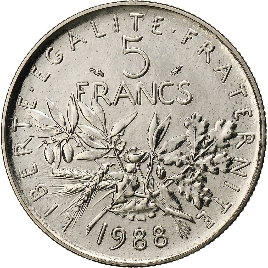 France, 5 Francs, Semeuse, 1988, Paris, Nickel Clad Copper-Nickel, MS(65-70)