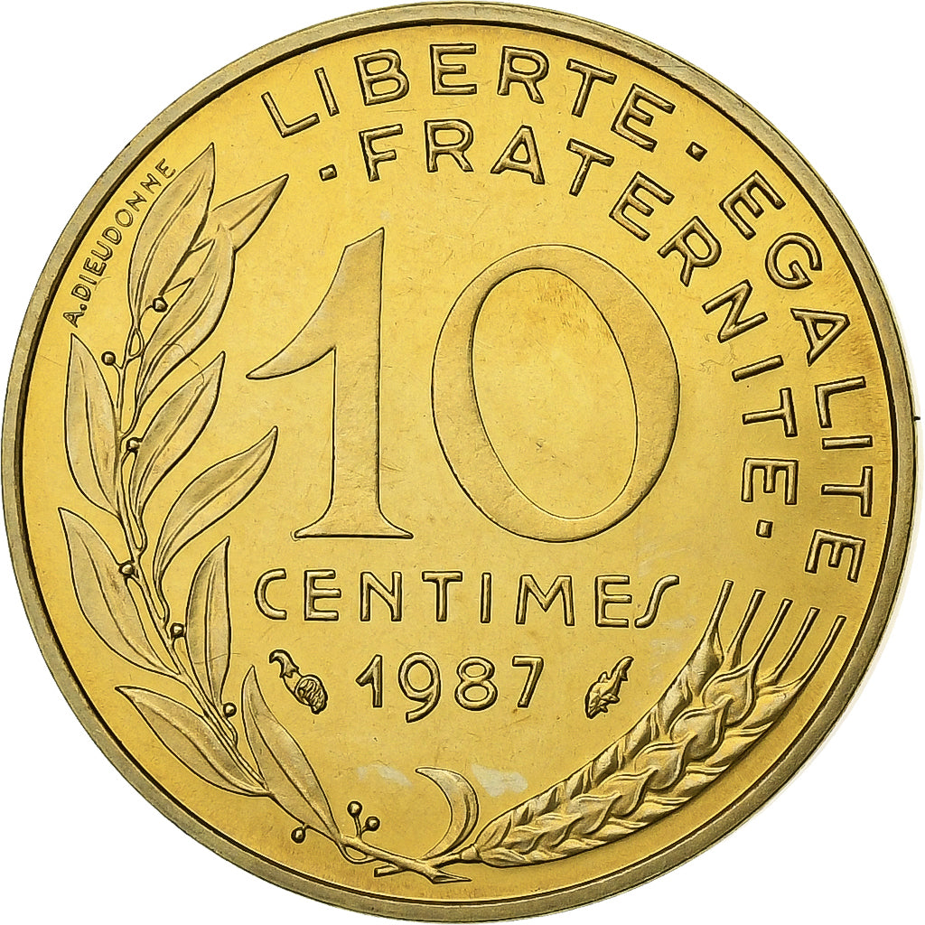 France, 10 Centimes, Marianne, 1987, Paris, Aluminum-Bronze, MS(65-70)