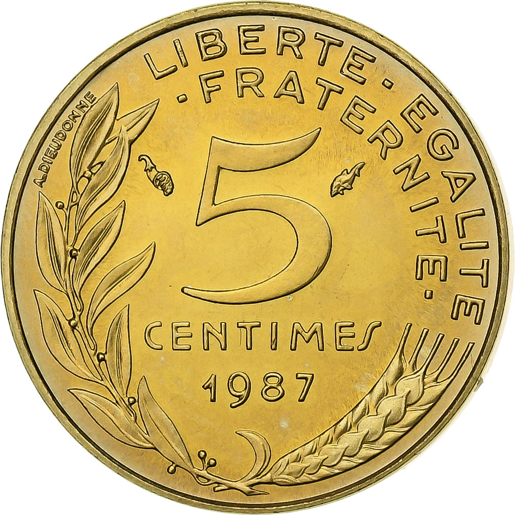 Francja, 5 Centimes, Marianne, 1987, Paris, Aluminium-Brąz, MS(65-70)