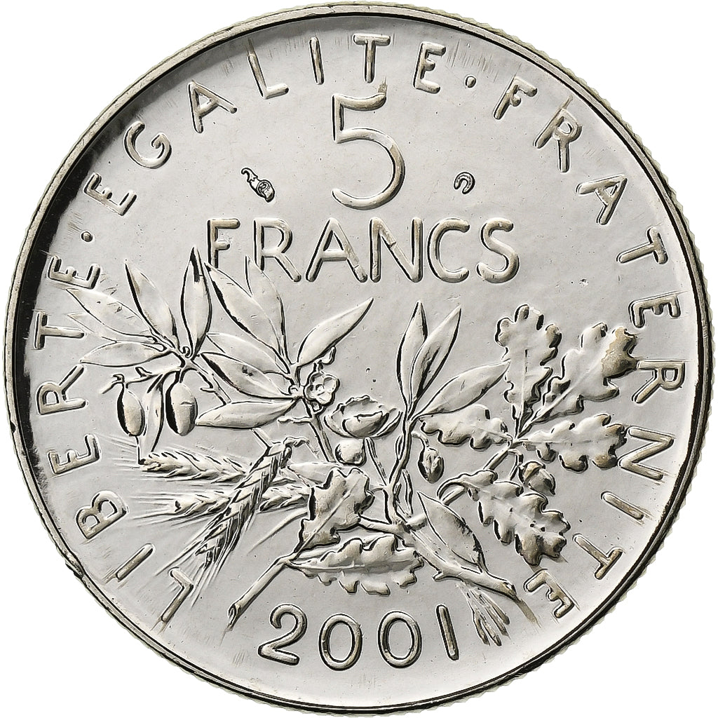 France, 5 Francs, Semeuse, 2001, Paris, Nickel Clad Copper-Nickel, FDC