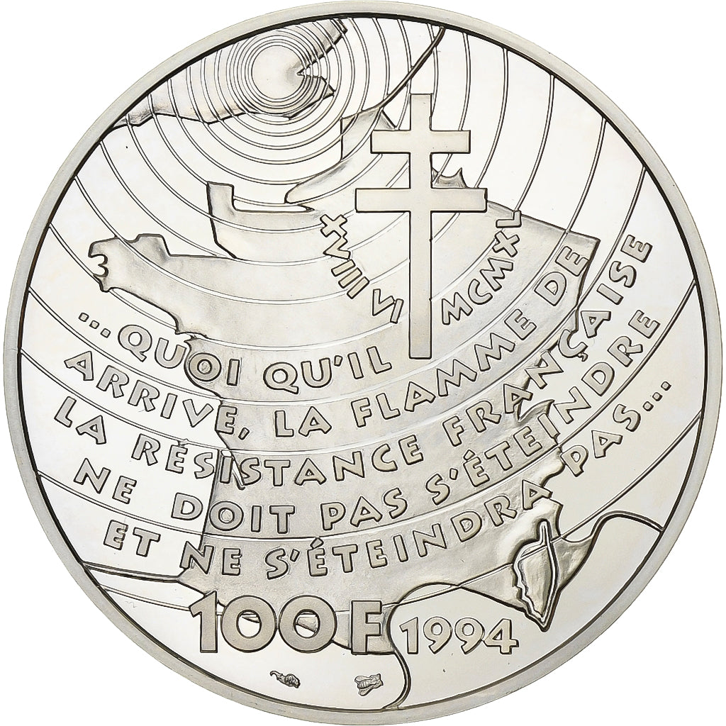 Francia, 100 Francs, Appel du 18 juin 1940, 1994, BE, Argento, FDC, Gadoury:C71