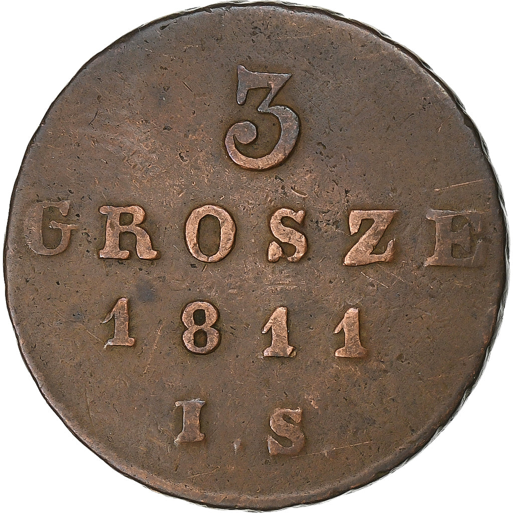 Polonia, Friedrich August I, 3 Grosze, 1811, Warsaw, Rame, MB+, KM:82
