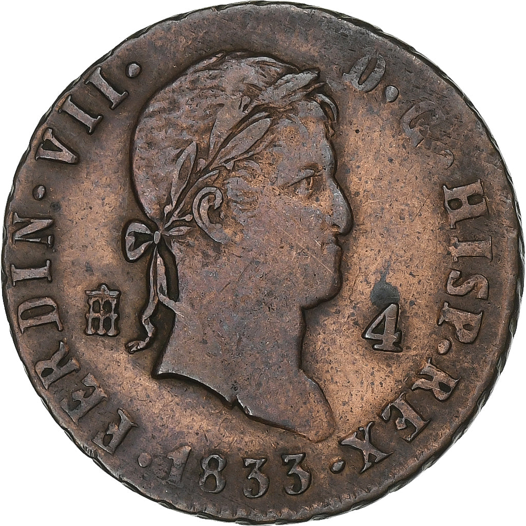 Spagna, Ferdinand VII, 4 maravedis, 1833, Segovia, Rame, MB+, KM:489.2
