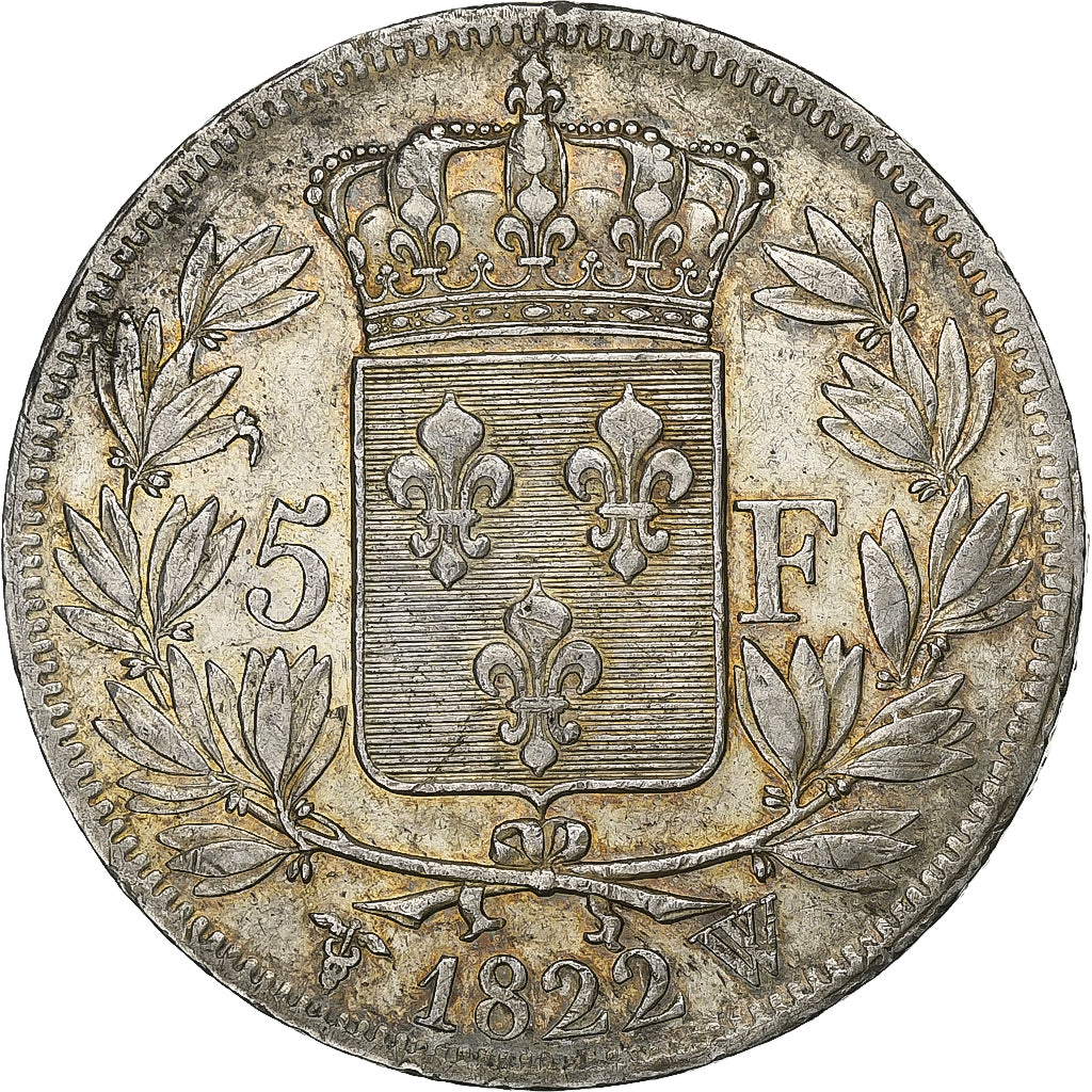 Francja, Louis XVIII, 5 Francs, Louis XVIII, 1822, Lille, Srebro, EF(40-45)